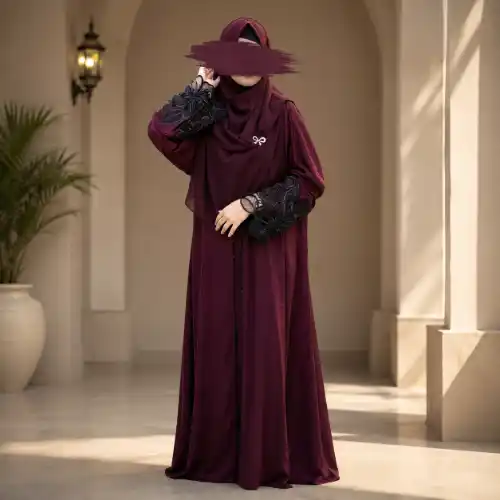 Premium Dubai Cherry Fabric: Elegant Lace Abaya Borka maroon Color