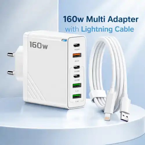 160W Super Fast Multi-Adapter: Ultimate GaN Charger with 6 Ports & Lightning Cable