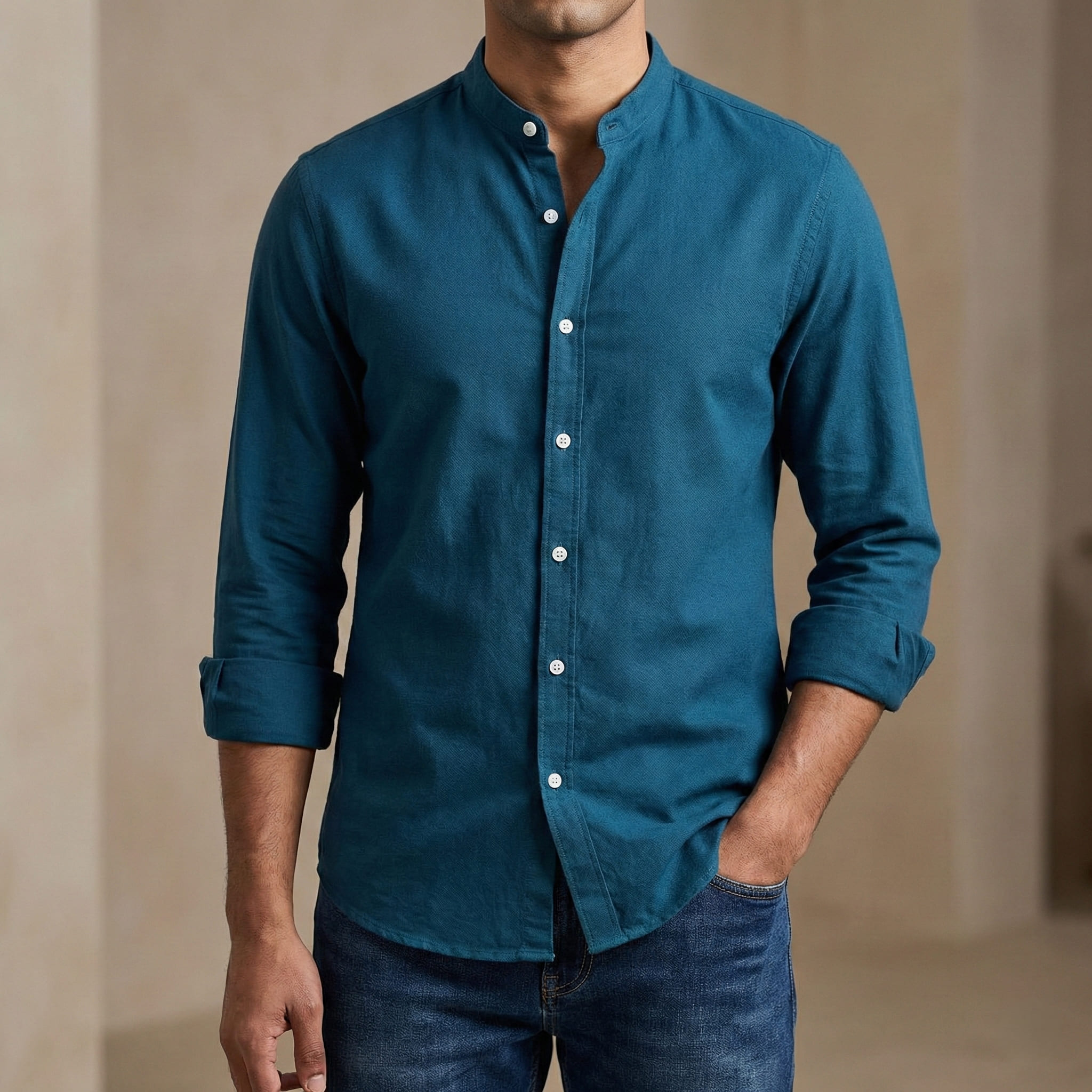 Men's Solid Colour Ban color Shirt (petrol)