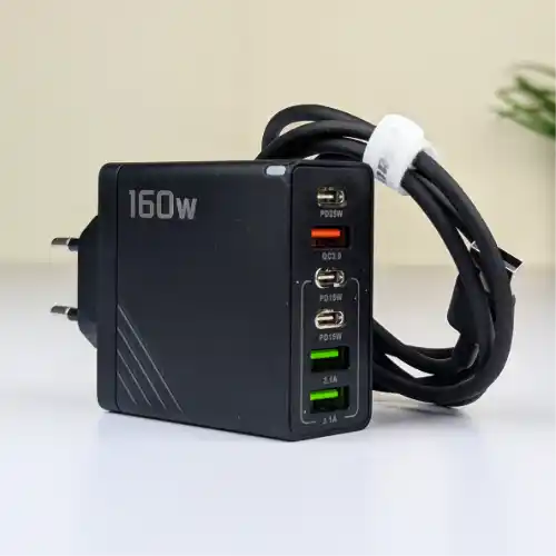 160W Super Fast Multi-Port GaN Charger with 6-in-1 Power Delivery & Type-C Cable